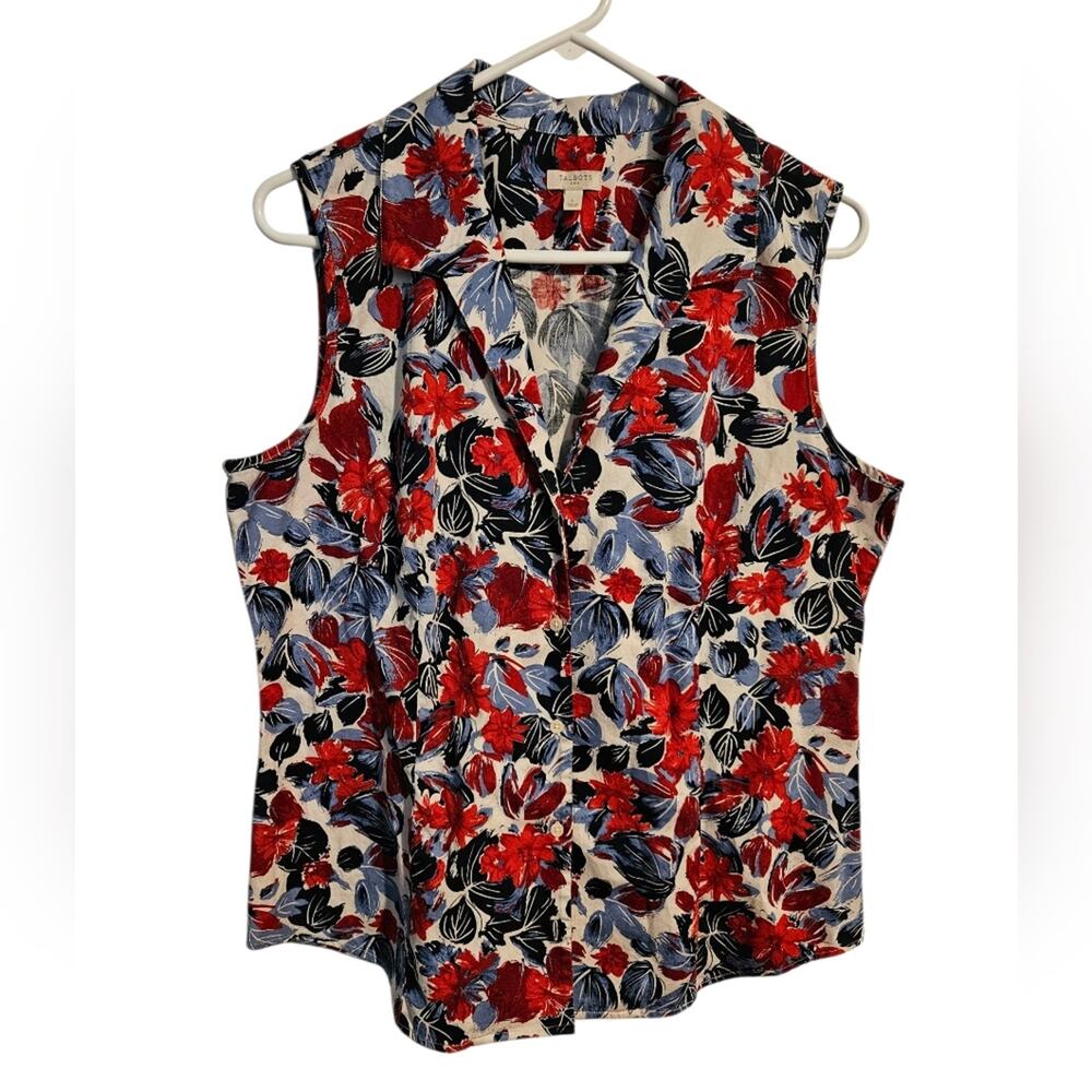 TALBOTS Woman's button up sleeveless top Red White and Blue size L